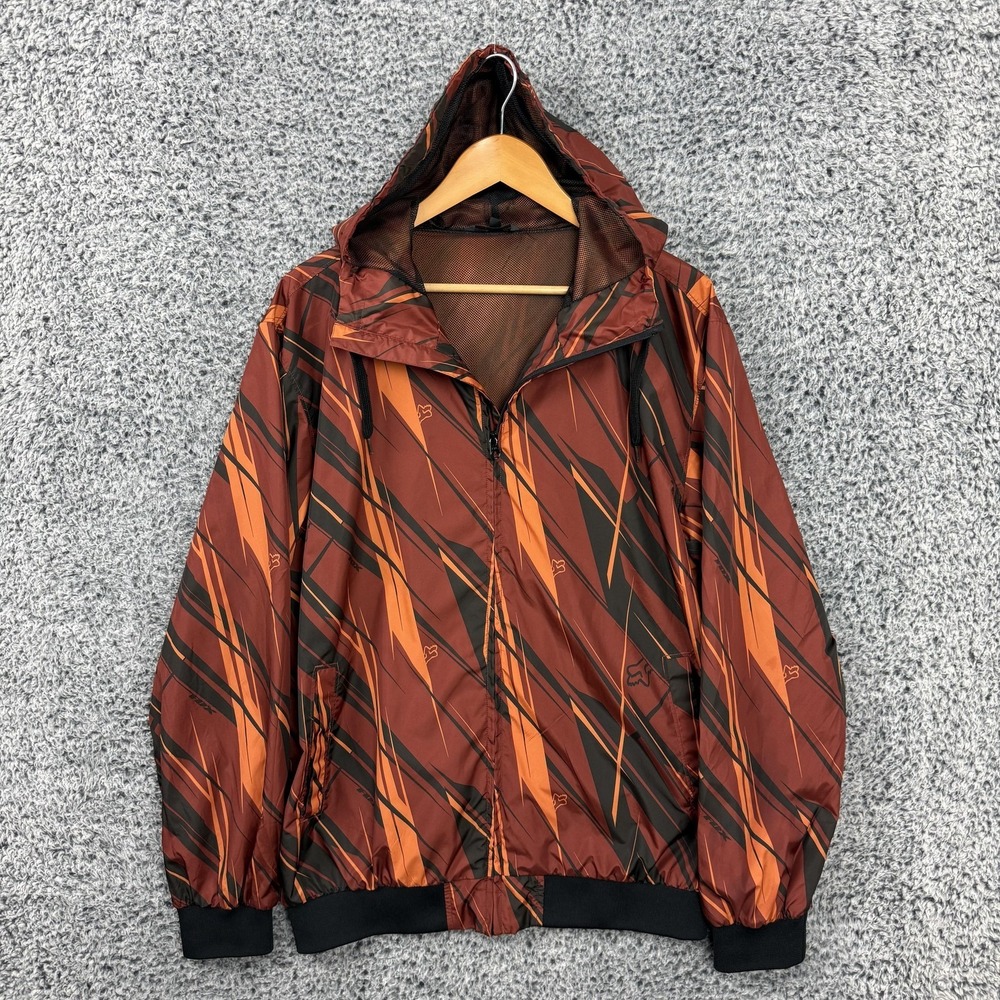 Fox Racing Jacket Mens XL Brown Hooded Windbreaker Full Zip Lightweight Graphic